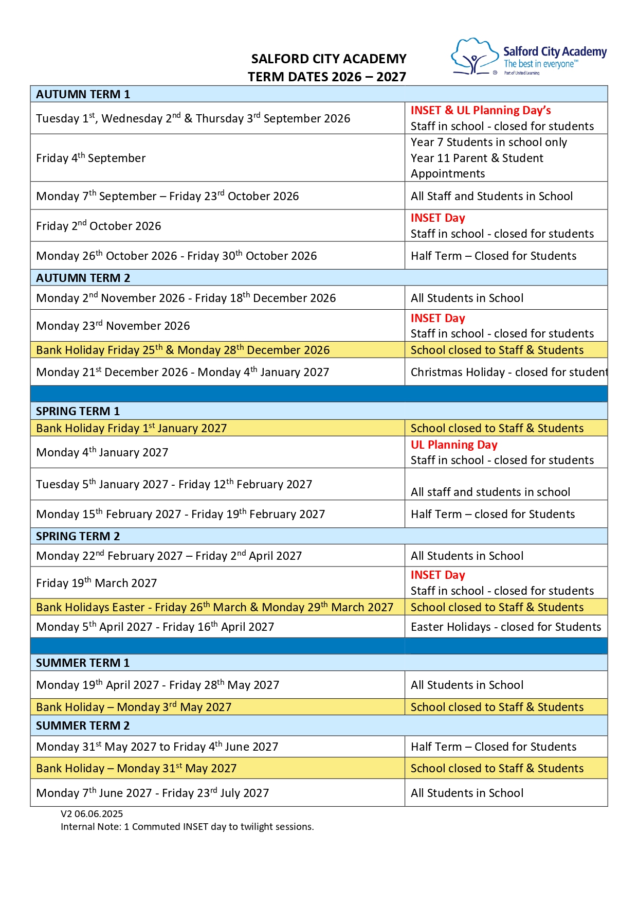 Term Dates 2026/2027