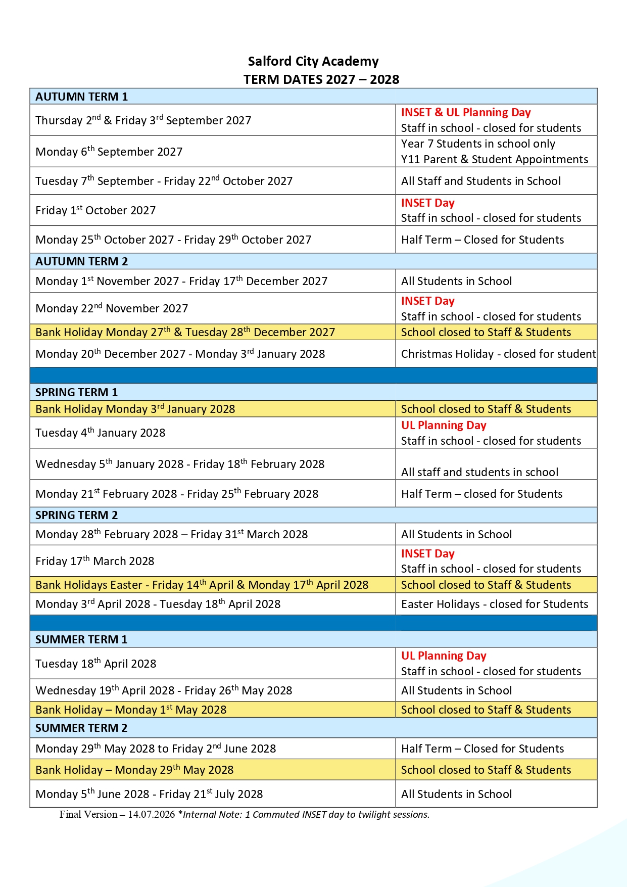 Term Dates 2027/2028