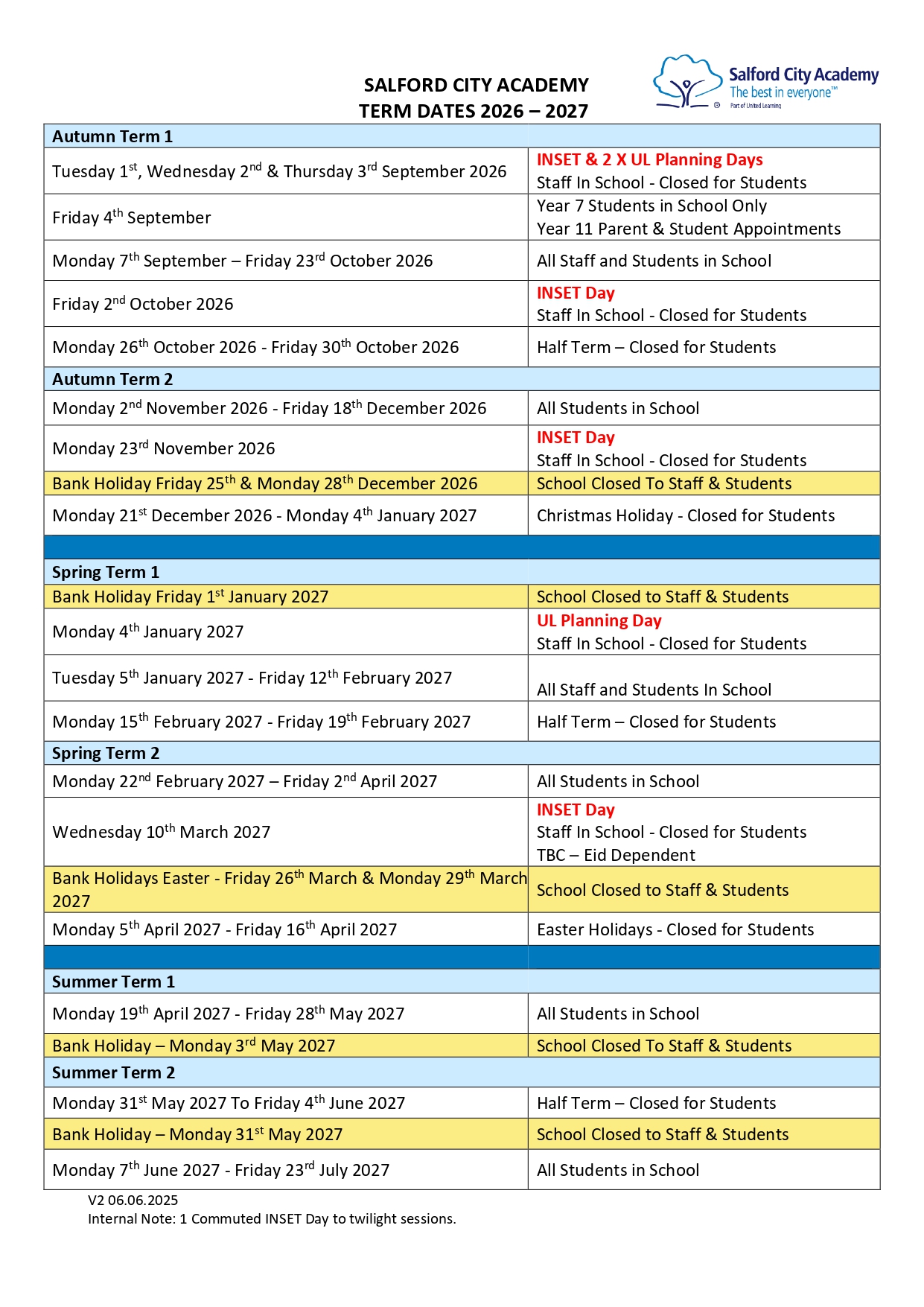 Term Dates 26/27